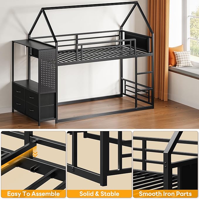 LIKIMIO Bunk Bed Twin Over Twin, House Bed Frame with 6 Storage Drawers,Hall Tree, Twin Bed with Metal Slats for Dormitory and Bedroom, Space Saving, No Box Spring Needed, Black