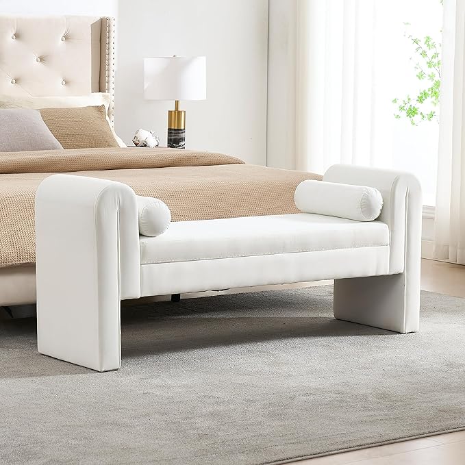 Modern Bench for Bedroom End of Bed, 60.5" Velvet Upholstered Rolled Armed Stool Bench, Ottoman Long Bench with 2 Pillows for Entryway/Bedroom/Hall/Living Room (White-60.5 Inch)