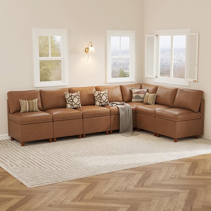 SITJOY Breakfast Nook Bench with Storage, Modular Corner Kitchen Banquette Seating, Dining Settee Couch, Upholstered Dining Bench with Back, Pet-Friendly Faux Leather in Brown, 7-Seat L Shaped Nook
