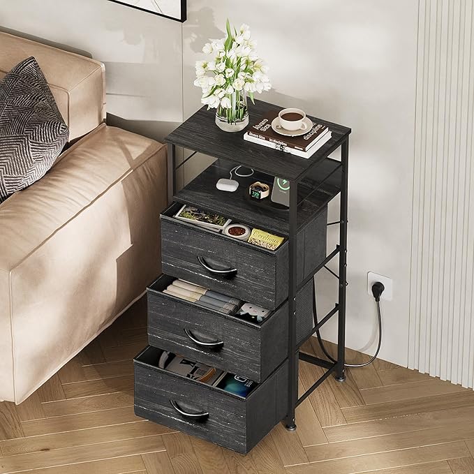 WLIVE Nightstand with Charging Station, 31.9" H Nightstand with 3 Fabric Drawers, LED Bedside Table with USB Ports and Outlets, End Table for Dorm, Bedroom, Entryway, Charcoal Black Wood Grain Print