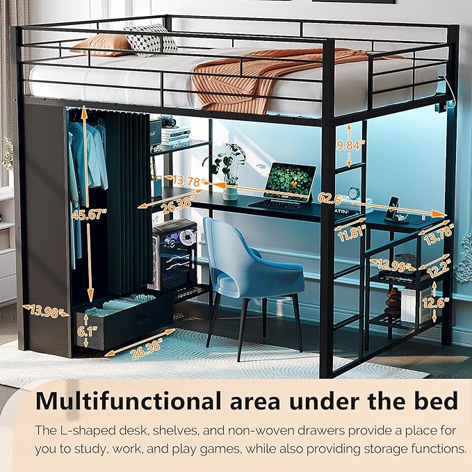 VINGLI Full Loft Bed 15 Inch Extra Tall Safety Guardrail, Wardrobe with Curtain, and Flat Rungs, LED High Double Sleeper with 2 Charging Stations, Desk and Drawer, Heavy Duty Space Saving Bed, Black