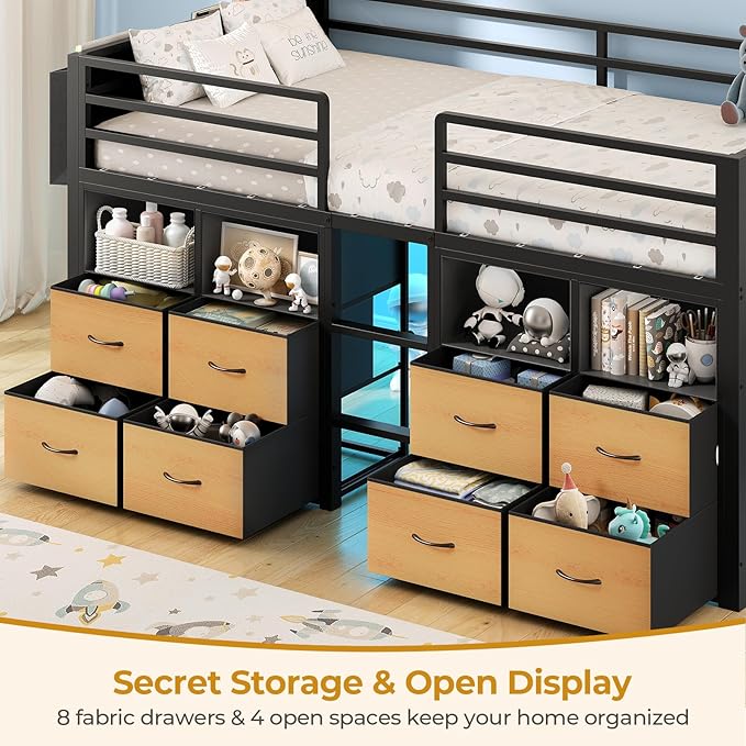 ADORNEVE Low Loft Bed Twin Size with 8 Storage Drawers, Twin Loft Bed with Bookcase and LED Lights, Metal Kids Loft Bed with 14" H Safety Guardrail, Under-Bed Play Space, No Box Spring Needed, Natural