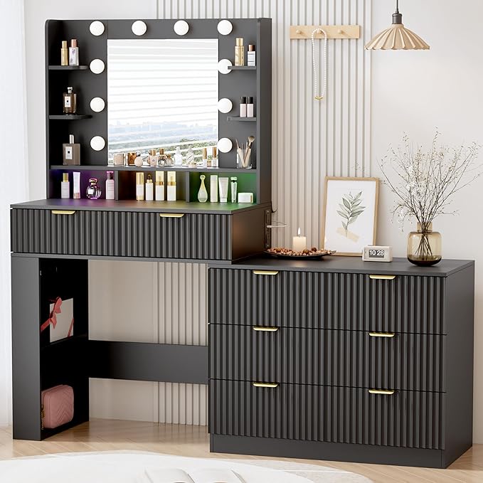 Vanity Desk with Mirror and Lights, Fluted Makeup Vanity with 8 Drawers, Storage Shelves, RGB Light and Power Outlet, Bedroom Dessing Table for Women, Girls, Black,56.7"