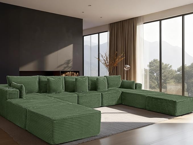 168" Cloud Sectional Couch, Comfort U Shaped Sofa for Living Room, Extra Deep Seats No Assembly, Minimalist Modular Couch, Corduroy (Olive Green, 9 Seats,U-Shape B)