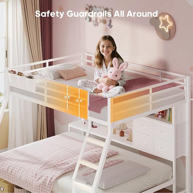 BTHFST Full Over Full Bunk Beds with 4 Storage Drawers & Shelves & Bedside Caddy, Bunk Bed with Charging Station & LED Lights, Full Size Bunk Bed with Safety Guardrail & Angled Ladder, White