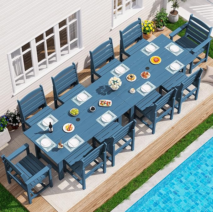 SERWALL Patio Dining Sets for 10 Person, HDPE Dining Set with 2 Tables, 8 Armless Chairs and 2 Armed Dining Chairs, Blue