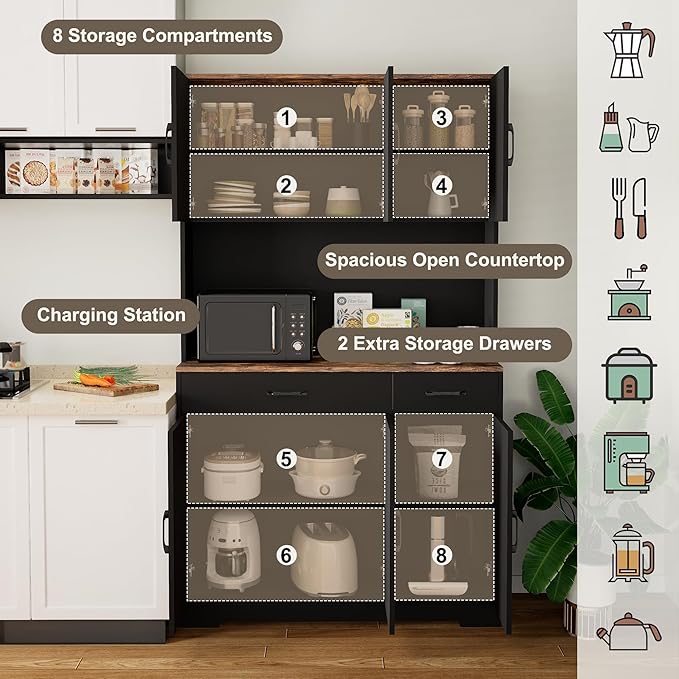 71" Kitchen Pantry Cabinet with Charging Station, Pantry Storage Cabinet Large Kitchen Hutch with Microwave Stand, Coffee Bar Station with Doors and Adjustable Shelves, Black and Brown