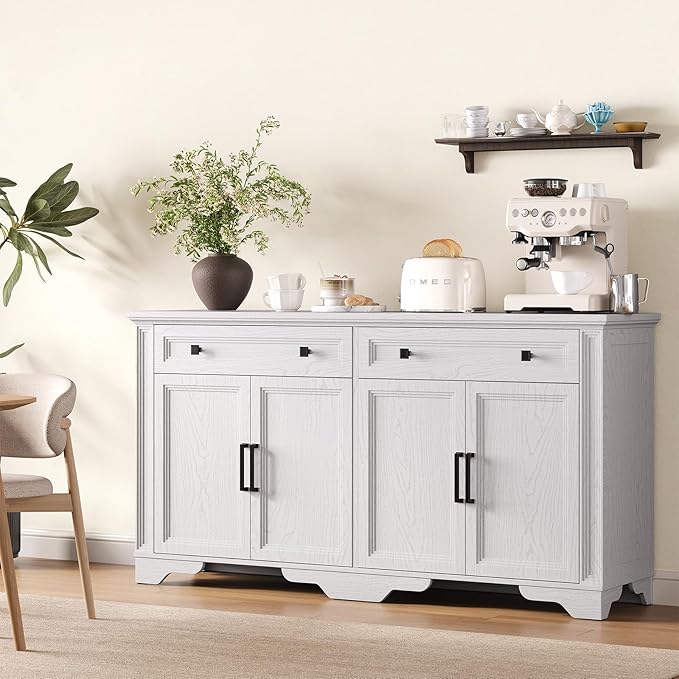 ONBRILL 63" Sideboard Buffet Cabinet, Kitchen Buffet Storage Cabinet, Large Credenza with Drawers & Doors, Wood Coffee Bar Console Wine Bar for Living Room Hallway White