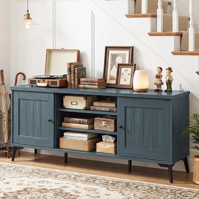 Giantex 2-Door TV Stand for TVs up to 65", Mid Century Modern Entertainment Center with 2 Storage Cabinets & 4 Adjustable Shelves, 6 Metal Legs, Media TV Console Table for Living Room (Teal Blue)