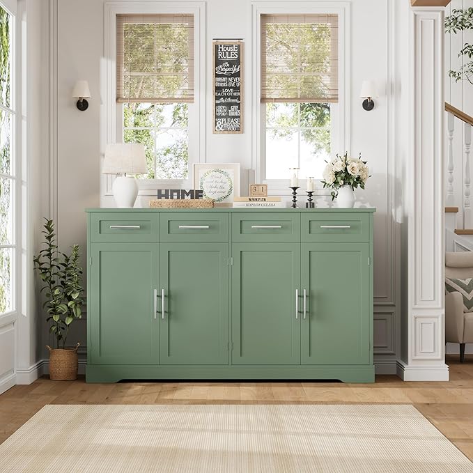HOSTACK 60" Large Buffet Sideboard with Storage, 36" Tall Kitchen Buffet Storage Cabinet with 4 Drawers, Modern Coffee Bar Cabinet with Silver Handles, Long Sideboard Buffet Table for Kichen, Green