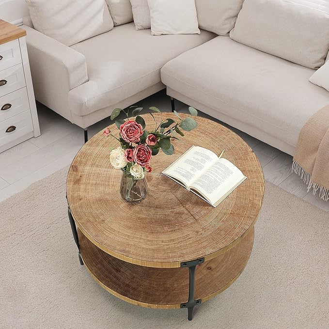 Awescuti Round Boho Wood Coffee Table - 29.1" Farmhouse Natural Circle Wooden 2-Tier Coffee Tables Living Room Furniture, 29.1" D x 18.3" H, Natural Wood Color