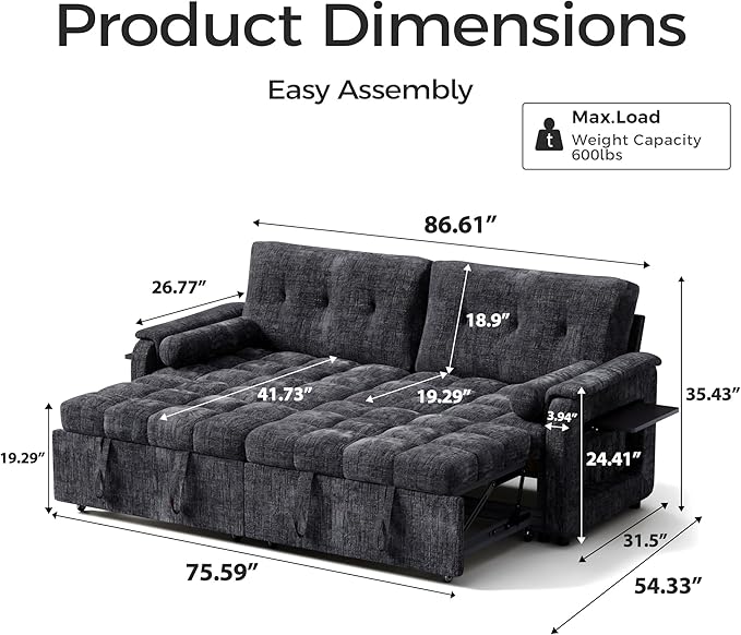 Convertible Sleeper Sofa Bed, 86 Inch Chenille Pull Out Couch with Side Table & Adjustable Backrest, Sectional Sleeper Sofa with Pull Out Bed for Living Room, Apartment, Black