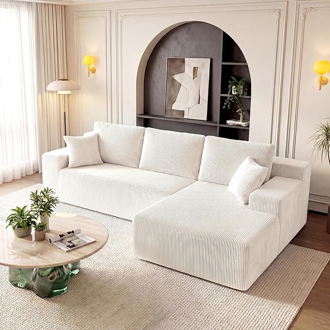 GRUSIGN Cloud Sectional Boneless Couches for Living Room, Modular L Shaped Couch with Deep Seat Oversized Right Facing Chaise, Memory Foam Compressed Spineless 3 Seater Sofa for Apartment, Beige