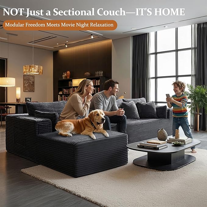 138" Oversized Cloud Sectional Couch, Comfort L Shaped Boneless Couch for Living Room, Extra Deep Seats No Assembly, Minimalist Modular Sofa, Corduroy (Dark Grey, 3 Seater+Left Facing Chaise)