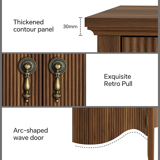 FUSUNBAO 57-Inch Sideboard Buffet Cabinet with 3 Drawers and 4 Doors, Vintage Fluted Sideboard with Scalloped Base, Vintage Storage Cabinet for Dining Room, Organic Modern Accent Cabinet, Walnut
