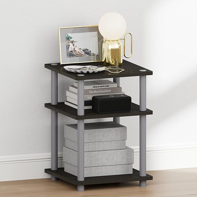 Furinno Turn-N-Tube Night Stand, 3-Tier Nightstand, Open Shelves Bedside Table, Side Table, End Table, Easy Assembly, for Bedroom, Closet, Dorm, Espresso