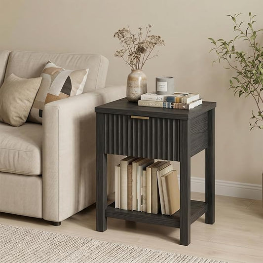 Fluted Night Stand with Golden Handle,Mid-Century Nightstands with Drawer,Modern Bedside Table with Storage Shelf,Large Wood End Tables for Livingroom,Bed Side Tables for Bedroom,Black