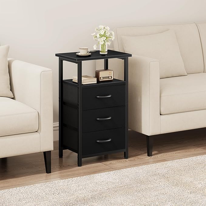 Vagusicc Nightstand Set of 2 with Charging Station, Bedside Table with USB Ports and Outlet, End Table Side Table with 3 Fabric Drawers and Storage Shelf, Bed Side Table Night Stand for Bedroom, Black