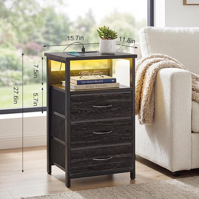 Fixwal Night Stand with Charging Station, LED Nightstand with Fabric Drawers, End Table with PU Finish, Bed Side Table, Black Oak