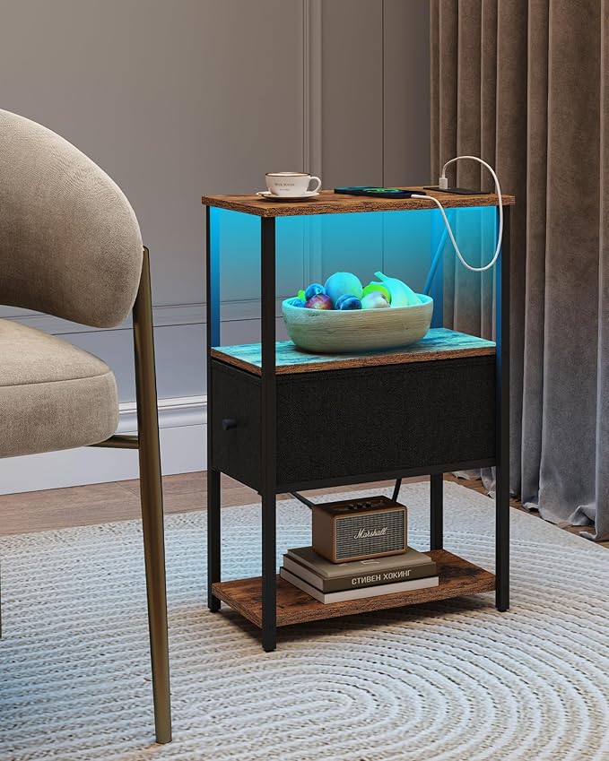 TUTOTAK Small Narrow LED End Table with Charging Station, Side Table Outlets, Nightstand with Cloth Drawer, Set of 2, Couch Table, for Living Room, Bedroom, Bedside, Brown and Black TB01BB059K