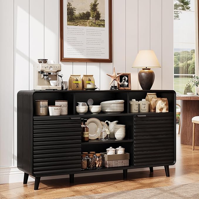 58 Inch Curved Sideboard Buffet Cabinet w/2 Wave Doors and Open Storage Spaces, Angled Side Frame, Sideboard Storage with Adjustable Shelves, Coffee Bar Cabinet for Kitchen, Living Room, Black