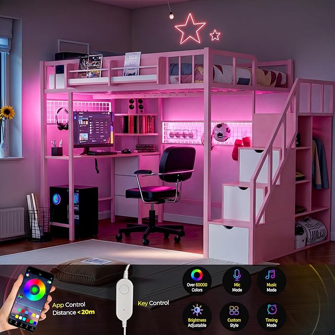 Kikihouse Full Size Loft Bed with Desk and Stairs, Headboard, Wardrobe, Bedside Storage Shelf, 6 Drawers, Charging Station & LED Light, Metal Gaming Loft Bed Frame for Adult Space-Saving