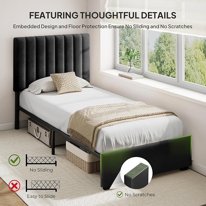 Welzona Kids Twin Upholstered Bed Frame with Headboard, Velvet Upholstered Metal Platform Bed Frame with Vertical Tufted Headboard, 3-Level Height, Metal Slat Support, Noise-Free Easy Assembly, Black