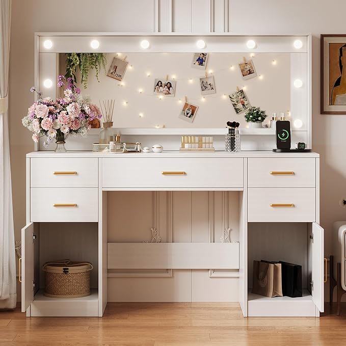 TOKSOM Large Vanity Desk with Lighted Mirror & Power Outlet, White Makeup Vanity Desk with Mirror and Lights, White Vanity Table with 5 Drawers and 2 Cabinets, Dressing Table for Bedroom 44.8 inch