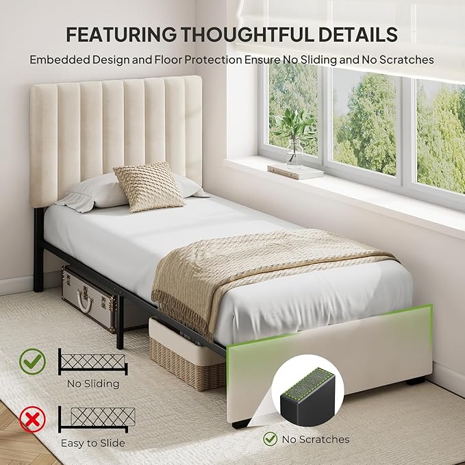 Welzona Twin Size Bed Frame with Headboard, Kids Velvet Upholstered Metal Platform Bed with Vertical Channel Tufted Headboard, 3-Level Height, Metal Slat Support, Noise-Free Easy Assembly, White