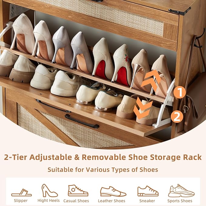 LEYAOYAO Shoe Cabinet Storage for Entryway with 2 Flip Drawers Rack Narrow Organizer Slim Hidden Wood Shoe Cabinet Furniture Tea Brown