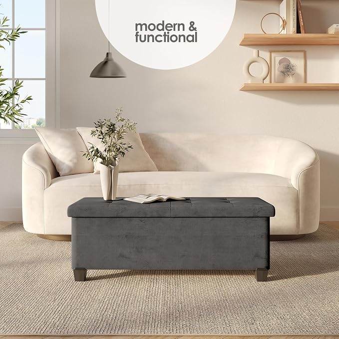 Storage Ottoman Bench with Bins, 43-in Storage Bench for Bedroom End of Bed, Folding Foot Rest Ottoman for Living Room Max 660lbs, Velvet Ottomans, Grey