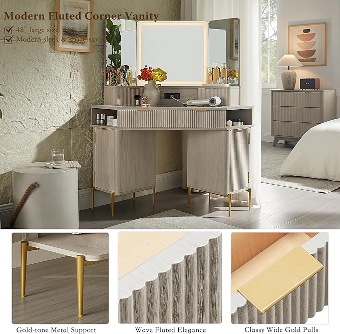 T4TREAM 48" Fluted Makeup Vanity Desk with HD Triple Mirror and Lights, Large Lighted Corner Vanity with Glass Top, Modern Dressing Table with 3 Drawers & 2 Cabinets for Bedroom, White Alder