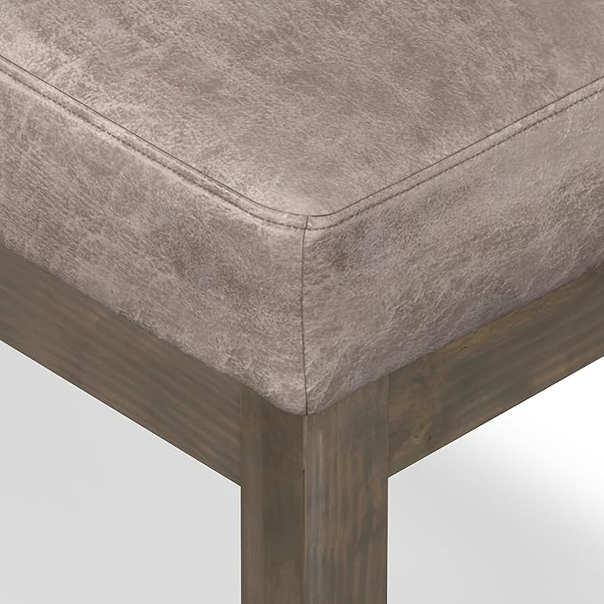 SIMPLIHOME Milltown Small Ottoman Bench - 27" Wide x 18" High Upholstered Vegan Leather Rectangle Footstool Ottoman in Distressed Grey Taupe, Contemporary Bench with Cushioned Seat, Assembled
