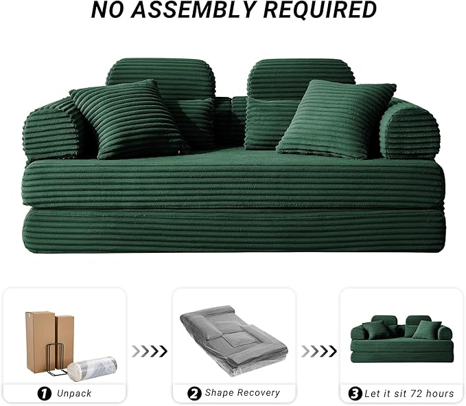 78.8" Convertible Sofa Bed with High Backrest Headrest, 5-in-1 Corduroy Boneless Couch with Side Pocket, Sleeper Loveseat Couch Bed Sectional Couches for Living Room, No Assembly, Green
