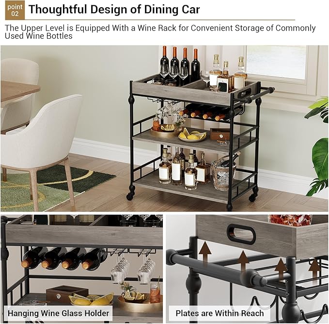 3-Tier Bar Cart with Wheels, Mobile Rolling Beverage Cart with Wine Rack, Glass Holder & Removable Top Tray, Serving Cart, Retro Trolley for Kitchen, Dining Room, Living Room, 35.4" x 15.7" x 34.1"