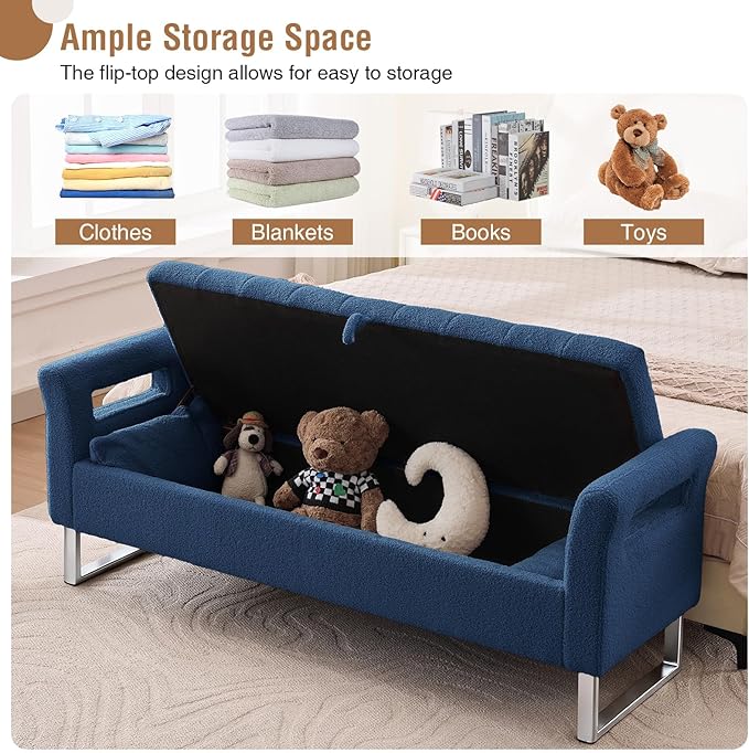 66'' End of Bed Bench with Storage for Bedroom King Size, Long Bedroom Benches for Foot of Bed King, Teddy Storage Bed Bench with Armrest & 2 Pillows for Entryway, Navy Blue