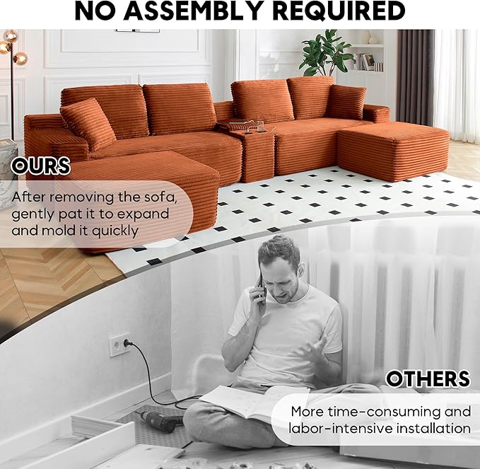 125 Inch Modular Sectional Sofa, Modern Oversized Corduroy Cloud Couch with 2 Ottomans, Cup Holders and USB Ports, U Shape Couch Boneless Couches for Living Room, No Assembly Required, Orange
