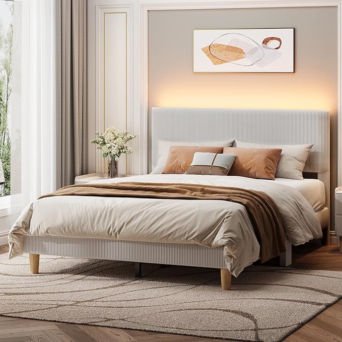 Bestier Queen Size Bed Frame with Headboard, LED Lighting, Vertical Channel Tufted Corduroy Upholstered, Solid Wooden Slat Support, No Box Spring Needed, Never Squeak, Easy Assembly, Light Grey