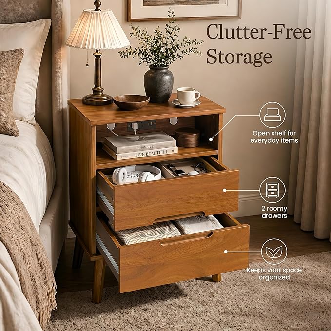 26" Tall Wood Nightstand with Charging Station & USB-C, Mid Century Modern Bedside Table with Solid Wood Legs, Caramel Walnut Finish with 2 Drawers