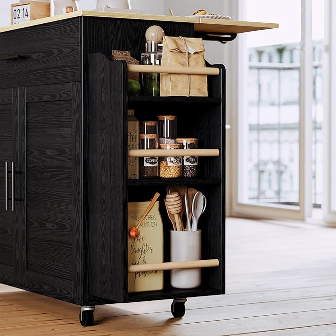 IRONCK Kitchen Island with Storage, Rolling Kitchen Island on Wheels with Drop Leaf, Charging Station, 3 Open Spice Rack, Cabinet, Drawer, Kitchen Cart Island Table for Kitchen, Black