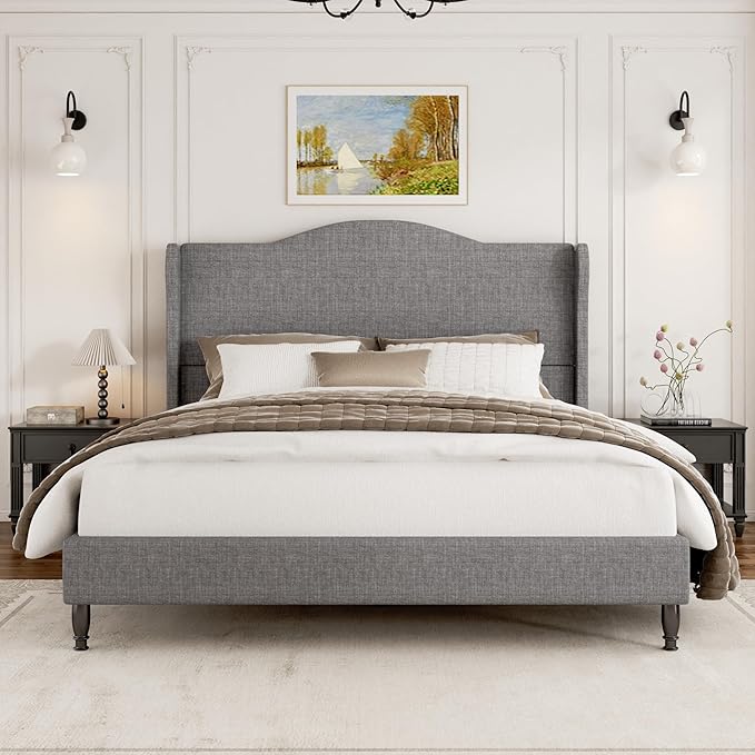 King Size Bed Frame, Upholstered Platform Bed with Tall Arched Wingback Headboard, Sturdy Wooden Slat Support, Easy Assembly, No Box Spring Required, Soft Fabric Bed for Bedroom, Light Grey