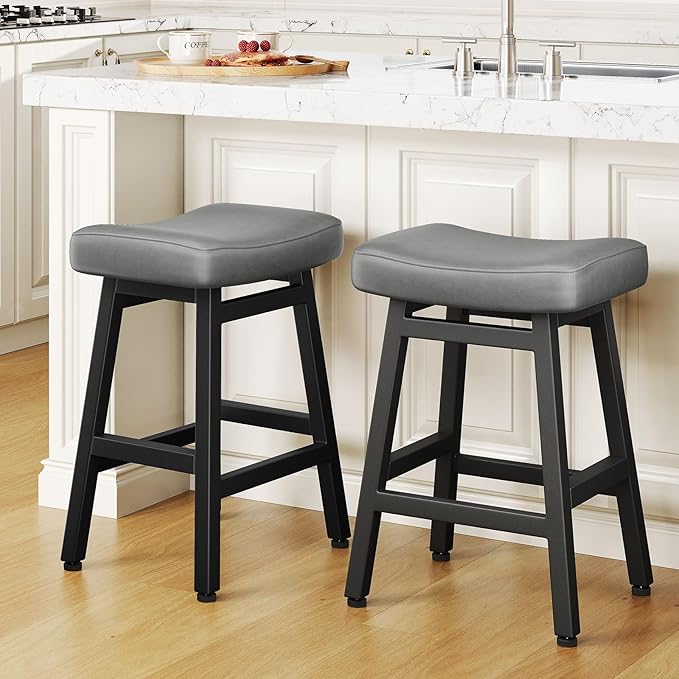 Raynesys Counter Height Bar Stools Set of 2, 24 Inch Barstools for Kitchen Counter, Kitchen Stools with Bonded Leather Saddle Seats & Heavy Duty Metal Legs, Easy Assembly, Gray/Black