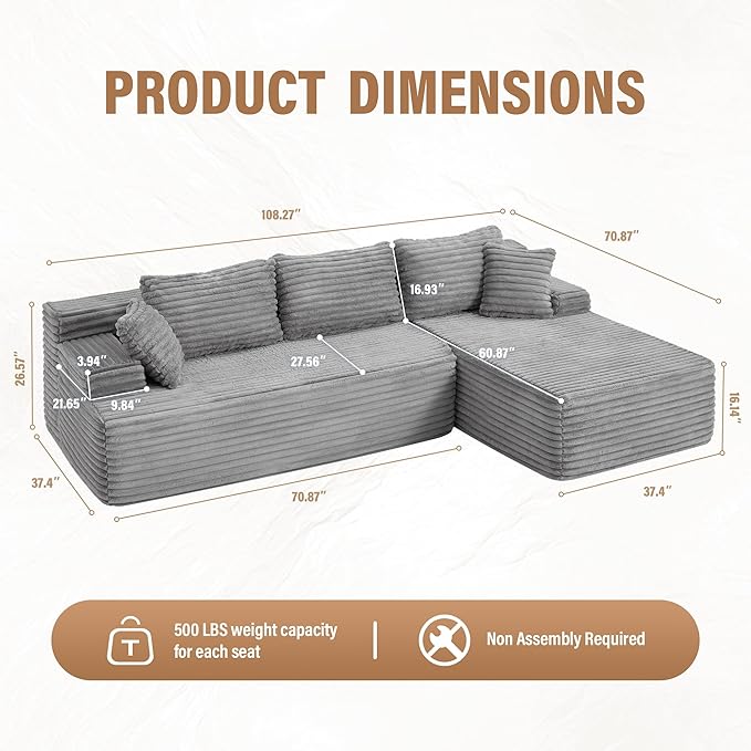 Hobestluk Modular Sectional Sofa Boneless Couch L-Shape Couch 3 Seat Modular Couch Memory Foam Sectional Couches for Living Room Furniture, Cloud Couch with Oversized Chaise (108" Right Facing Chaise)
