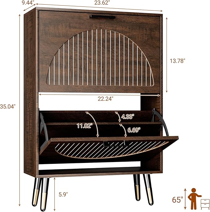Farmhouse Shoe Cabinet Storage for Entryway, Slim Shoe Rack Cabinet with 2 Flip Drawers, Narrow Shoe Organizer Cabinet with Stylish Round Panel, Metal Leg and Handle