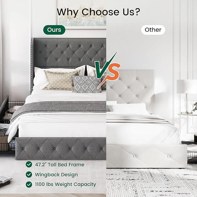 LARMACE Upholstered King Size Bed Frame with 4 Storage Drawers and 47.2" Tall Wingback Headboard Tufted Platform Bed Frame Linen Beds with Wooden Slats Support, Easy Assembly, Light Grey