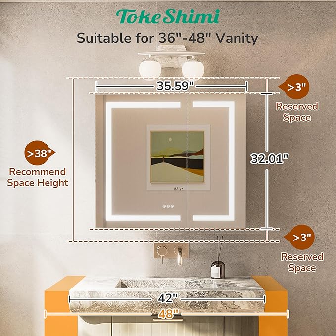 TokeShimi 36x32 Led Medicine Cabinet Recessed, Anti-Fog Mirrored Medicine Cabinet with Lights and Outlet, Frontlit 3 Colors Dimmable Mirror with Storage for Bathroom Modern