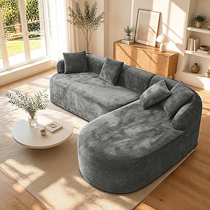 99" Curved Sectional Sofa with Chaise, Modern Boneless Couch with Deep Seat, L Shaped 3-Seater Cloud Couch for Living Room, No Assembly Needed, Chenille (Gray, Right Chaise+Left Sofa)