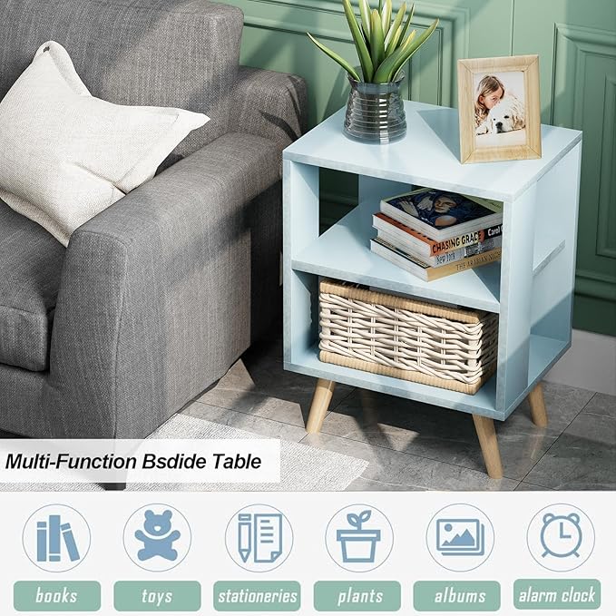 Aenuert Night Stand, Blue Kids Nightstand, Modern End Table with Open Storage, 2-Tier Nursery Bedside Table for Small Space, Living Room, Bedroom