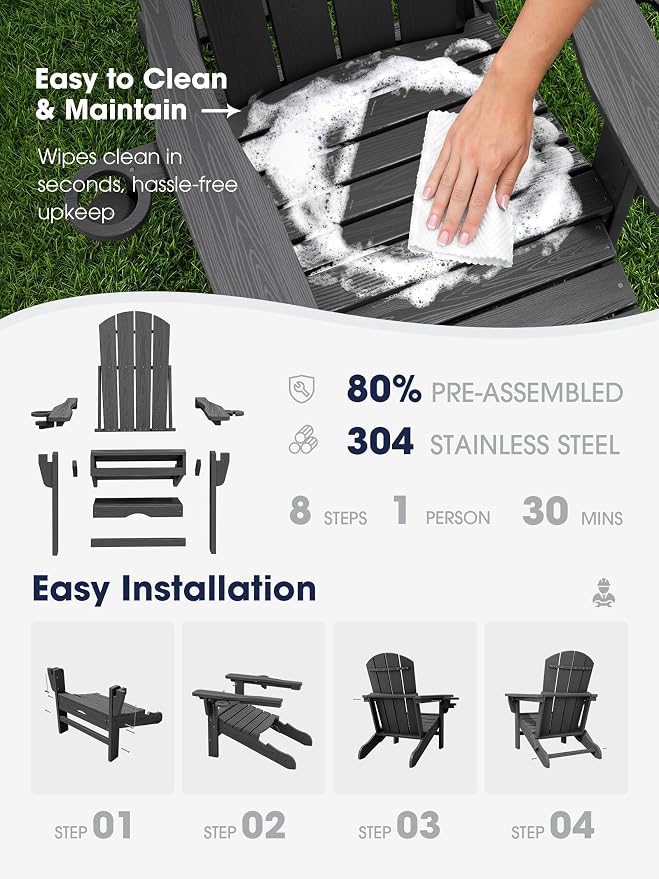 KINGYES Adjustable Folding Adirondack Chairs with Footrest & 2 Cup, HDPE Recliner Adirondack Chair with Ottoman, Grey