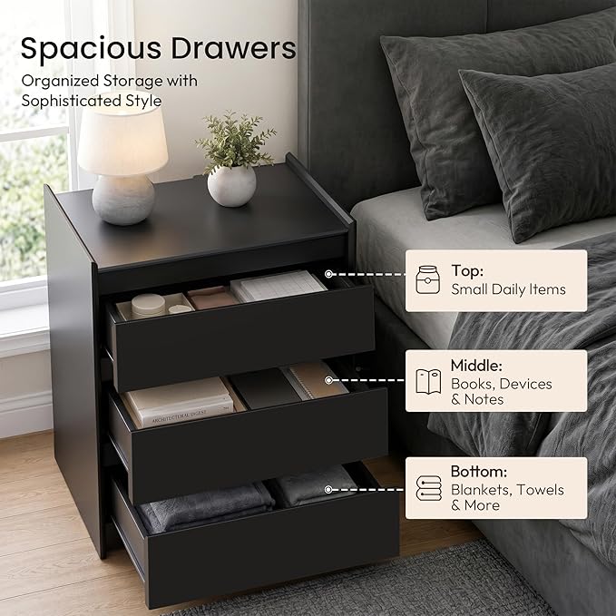24" Tall Nightstand with Charging Station Including USB-C, Modern Bedside Table and Sofa End Table - Black, 3 Drawers, Set of 2